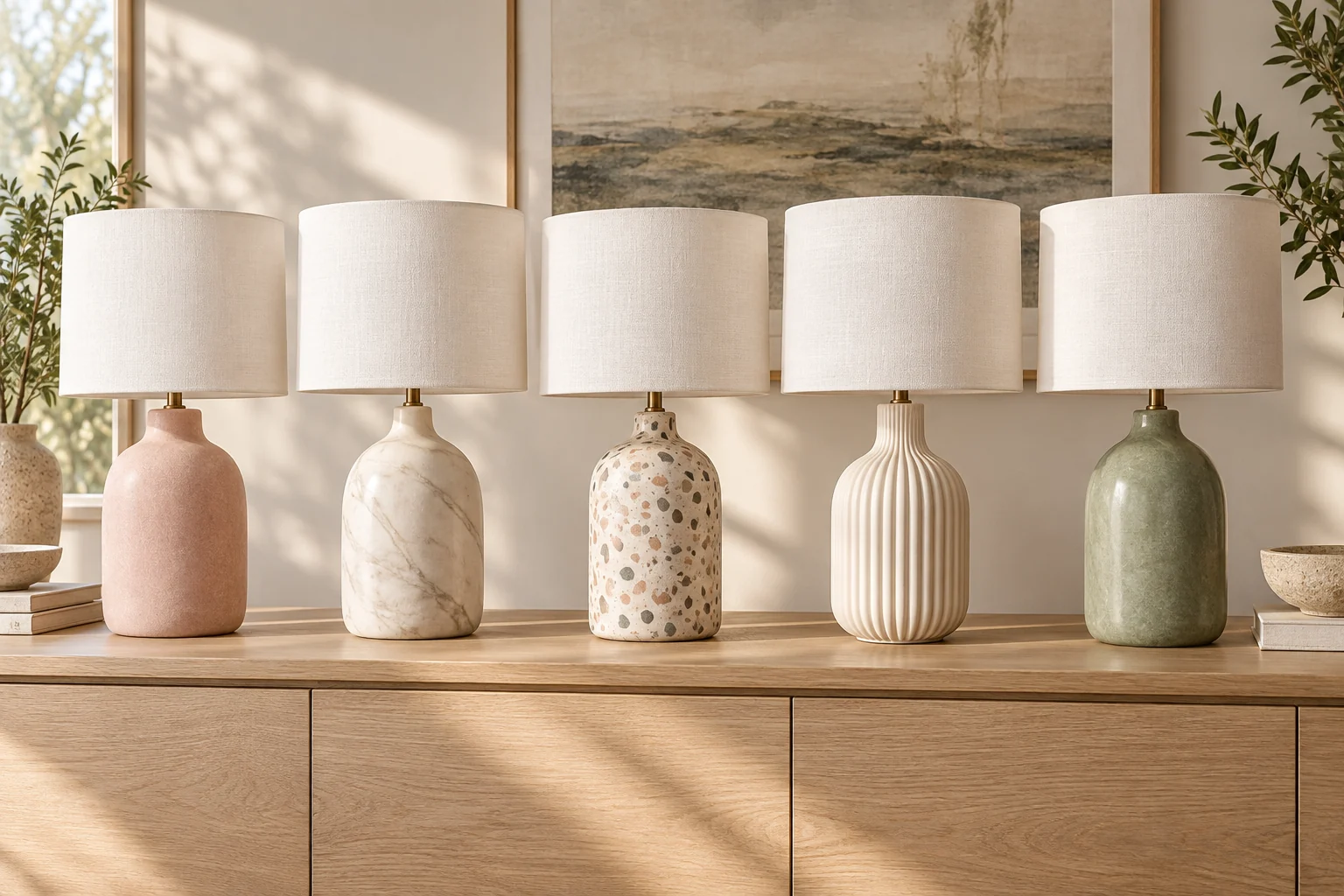 Cinq pieds de lampe illustrant des finitions mates, marbrées, terrazzo et texturées