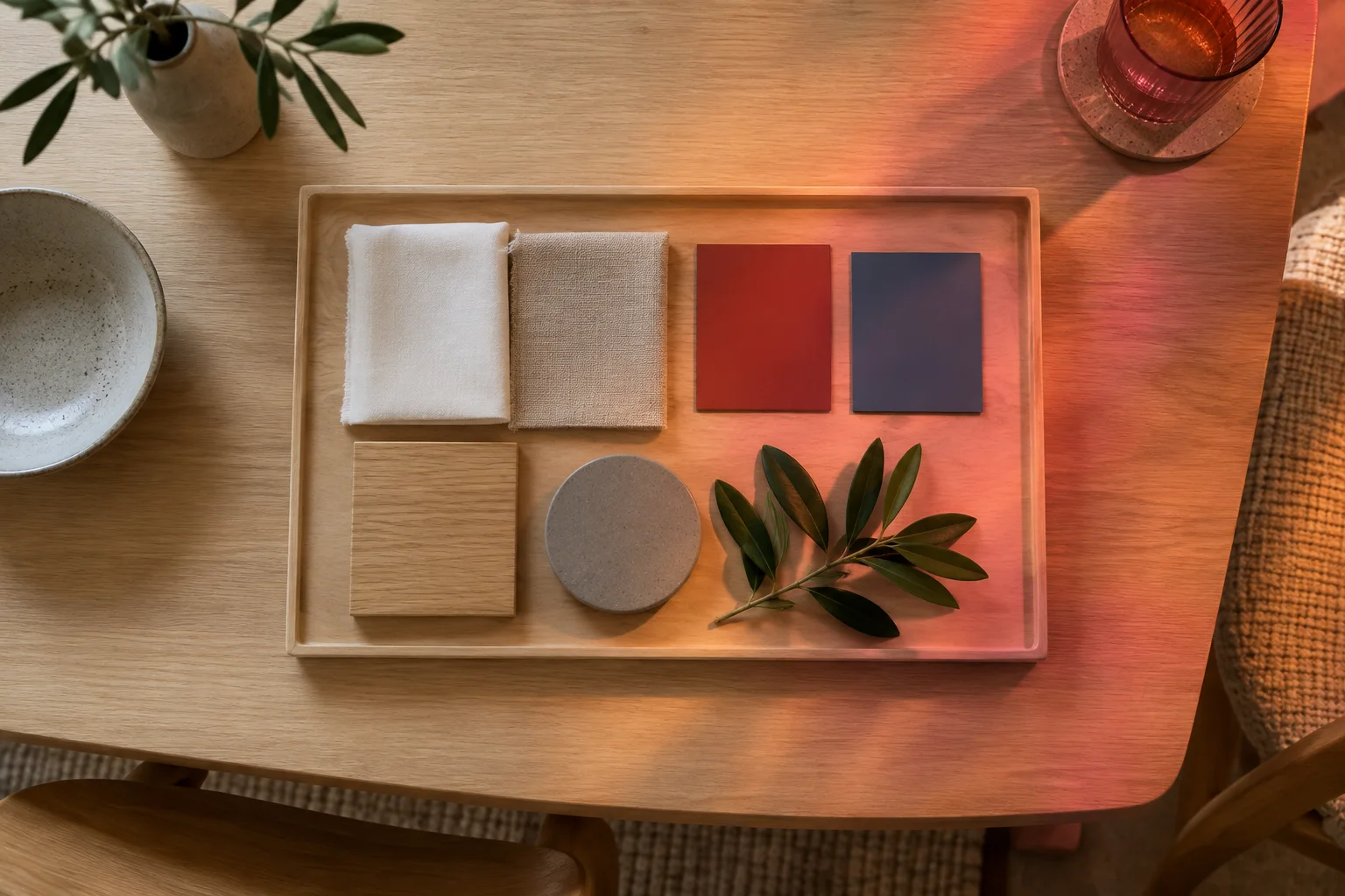 Échantillons de tissu, bois, céramique et couleurs traversés par un halo ambre et rose