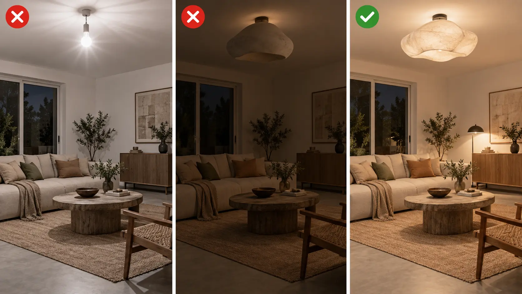 Comparaison de trois salons avec plafonnier éblouissant, abat-jour trop opaque et lumière diffuse complétée près du canapé