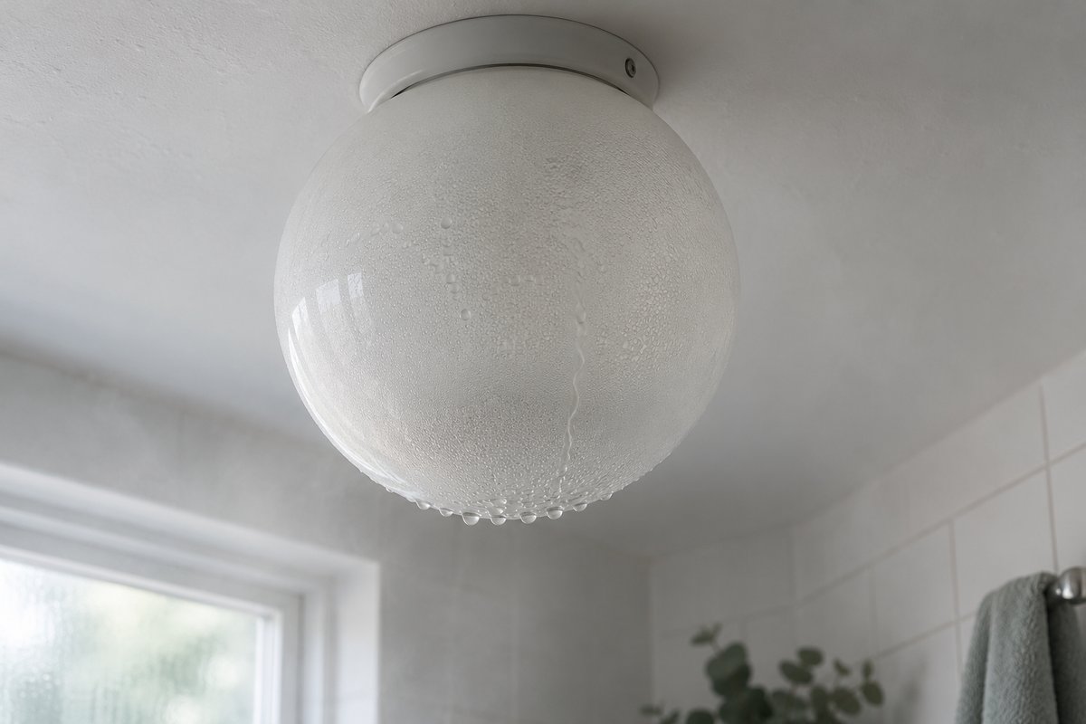 Plafonnier à globe opale de salle de bain avec buée et gouttes à l'intérieur