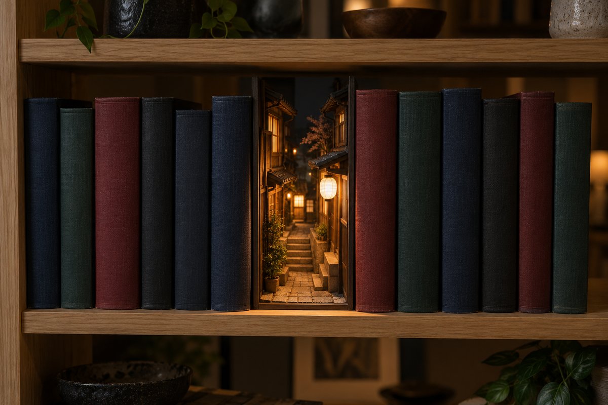 Mini-ruelle japonaise éclairée glissée entre des livres aux dos sombres sur une étagère