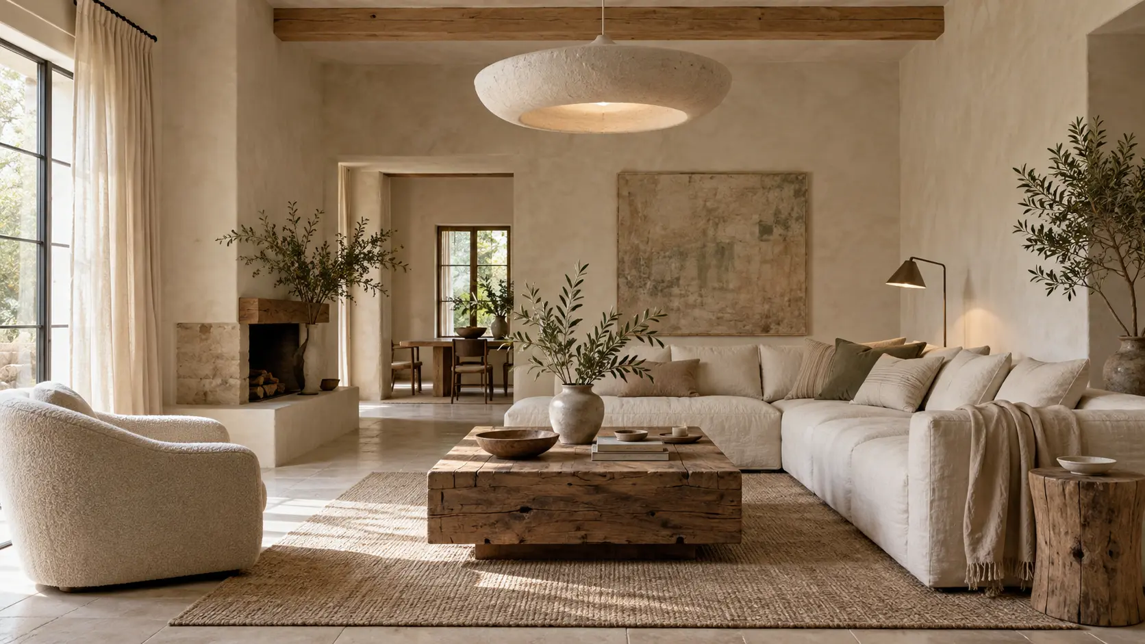 Salon lumineux aux matières naturelles avec plafonnier wabi-sabi mat et lumière douce près du canapé