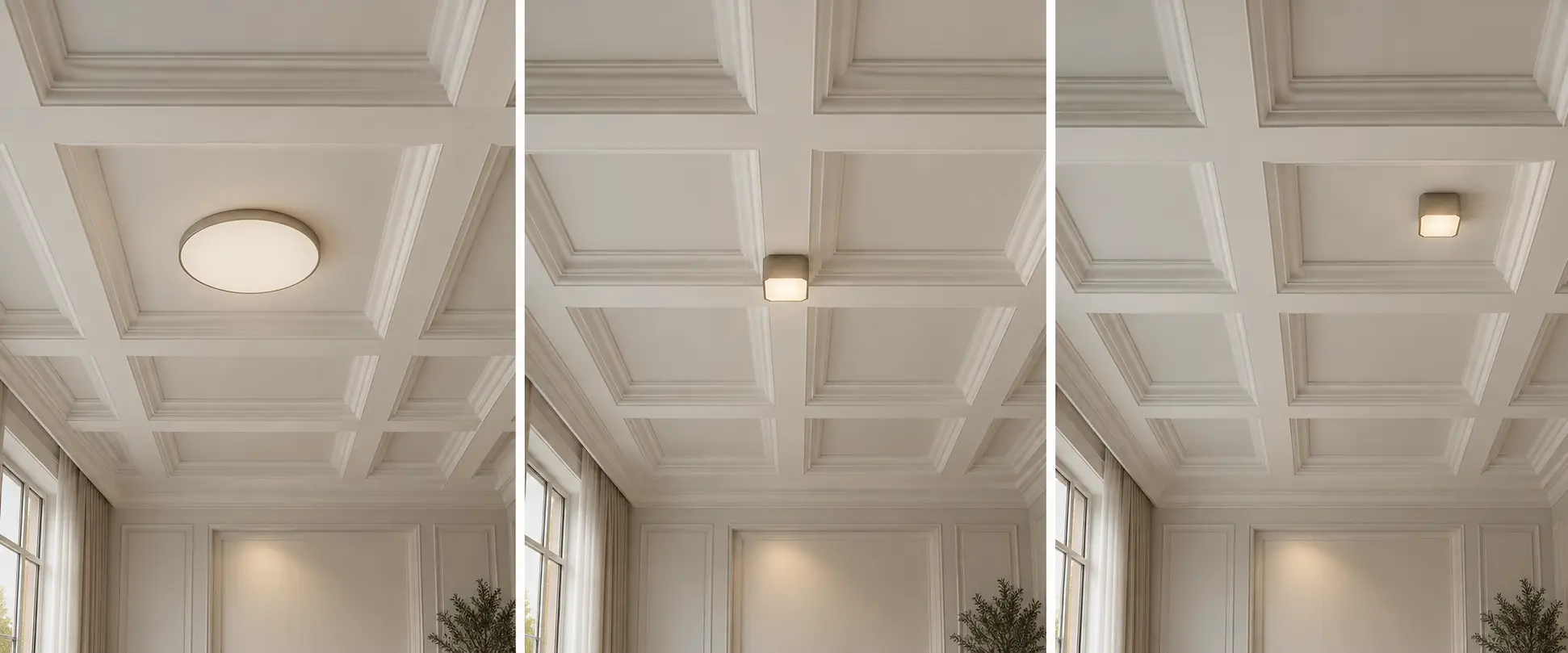 Trois implantations de plafonnier sur un plafond à caissons, dont une position décalée à éviter