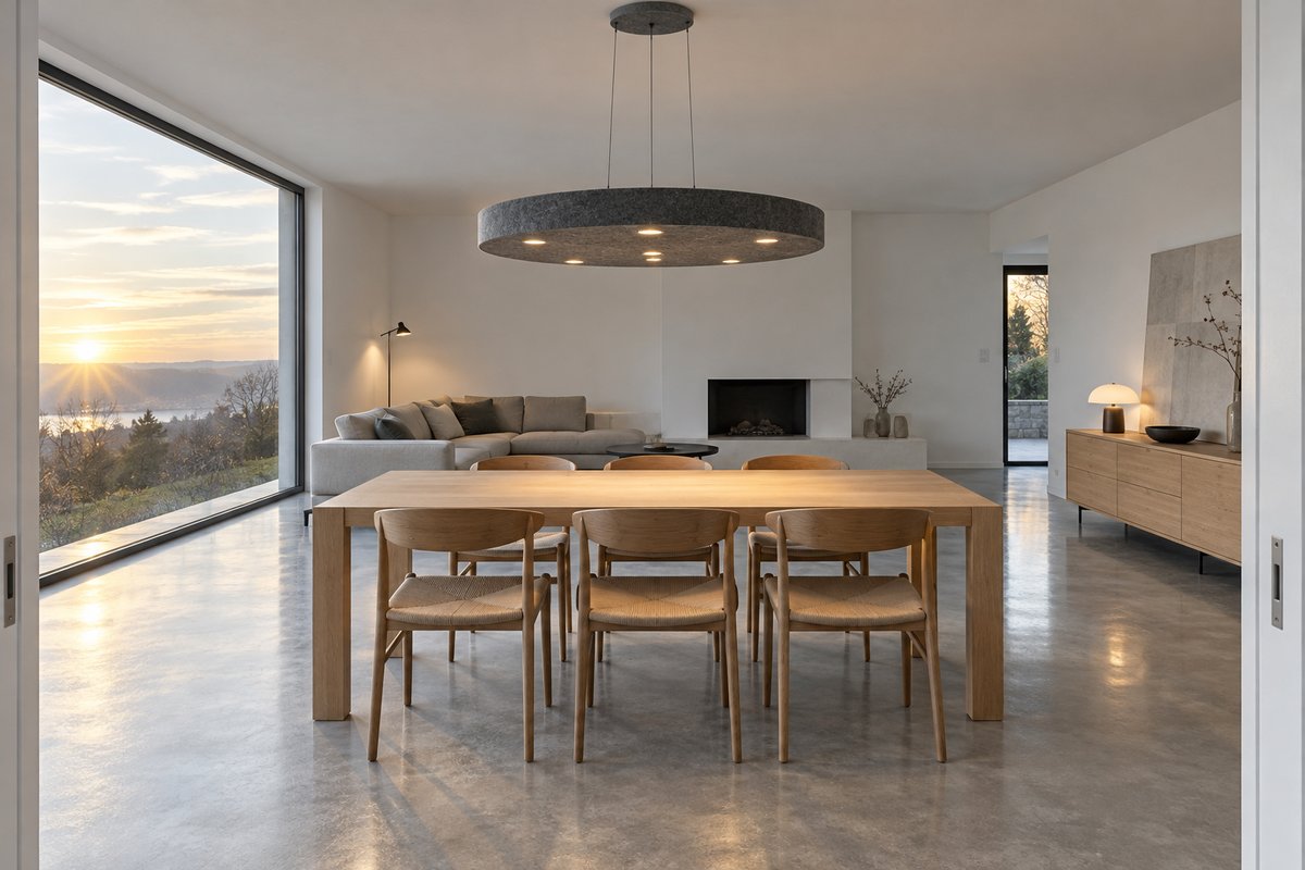 Séjour au sol béton et baie vitrée avec grande suspension ronde en feutre gris