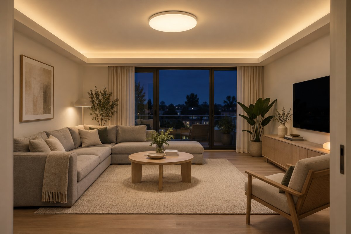 Salon avec corniche lumineuse en blanc chaud et plafonnier plat opale allumés ensemble