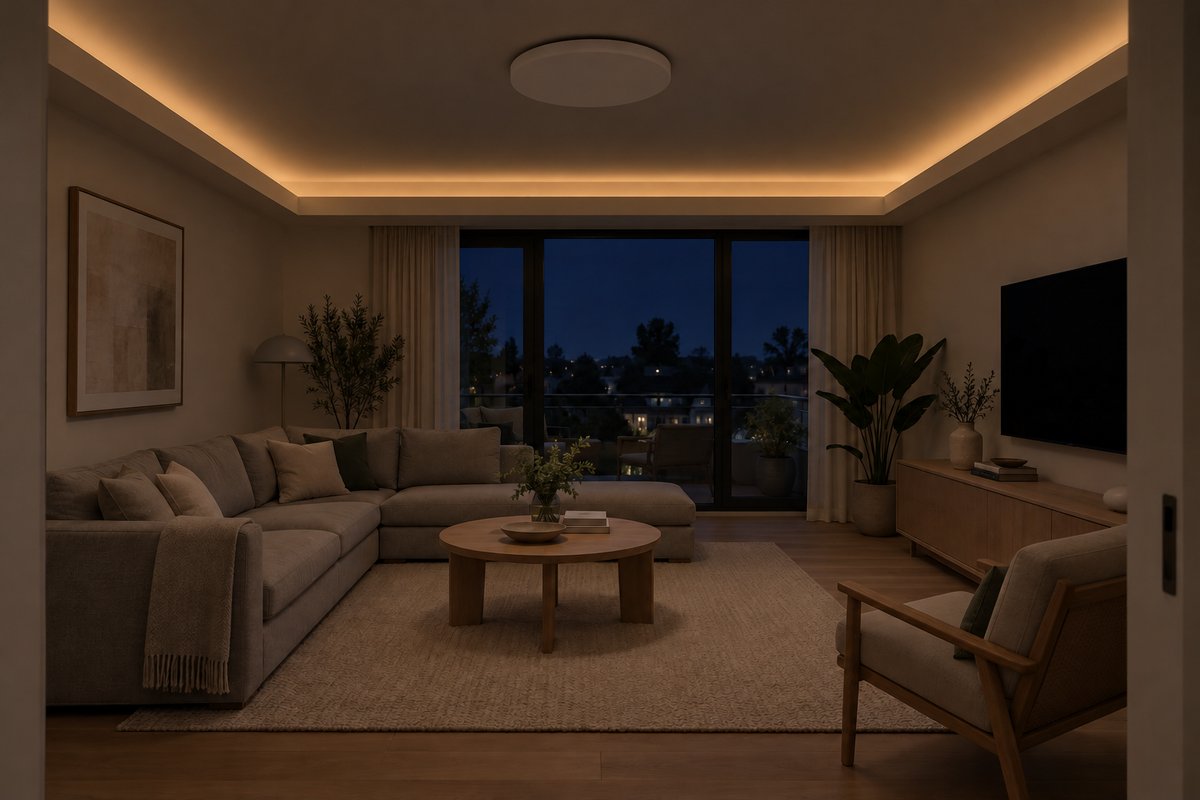 Même salon en soirée avec corniche lumineuse seule gradée et plafonnier éteint