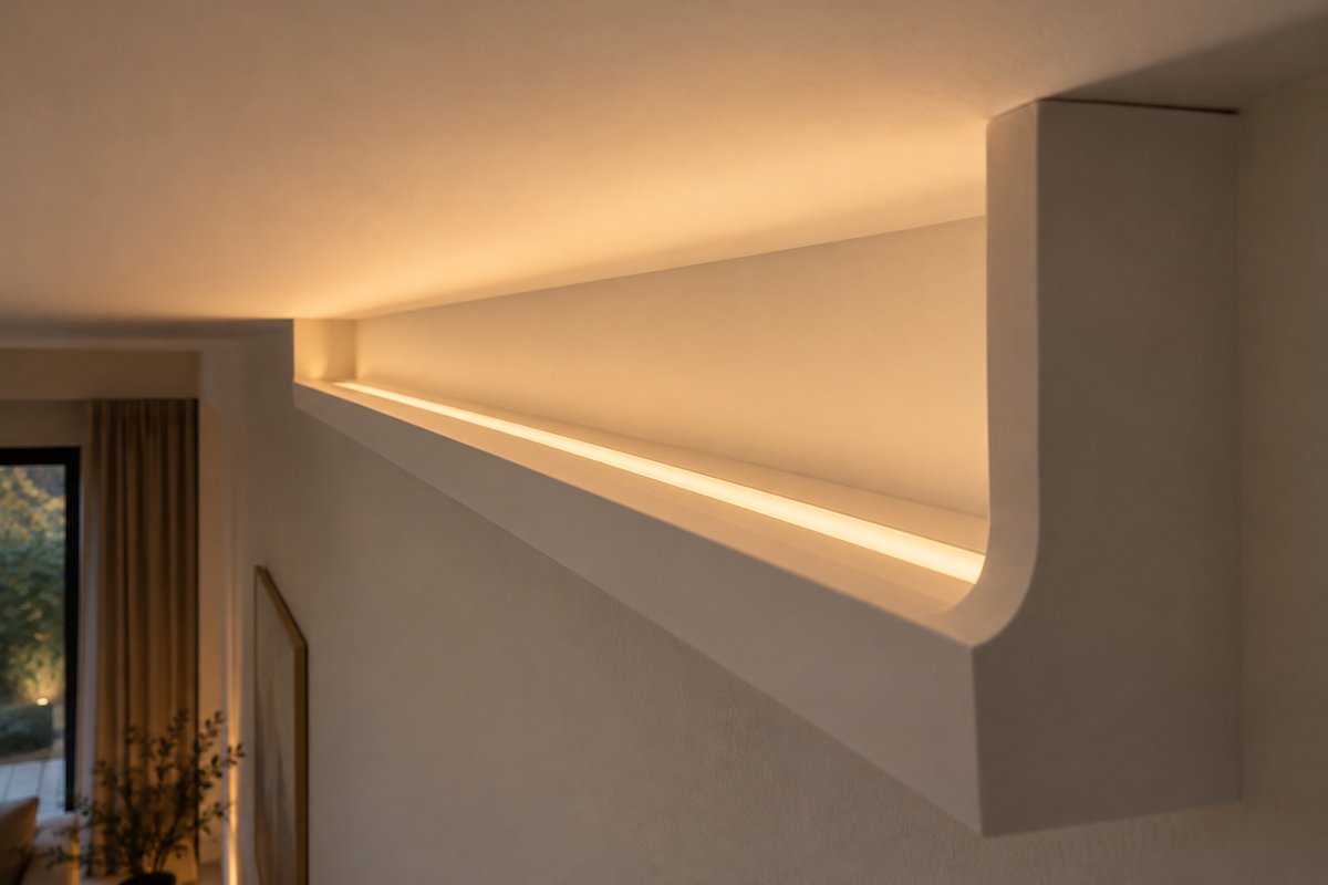 Ruban LED en retrait au fond d'une gorge de corniche éclairant le plafond en dégradé