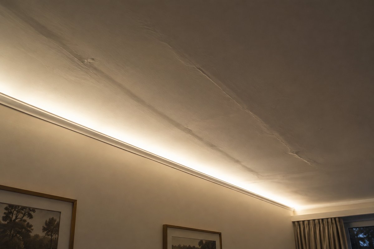 Plafond avec bande lumineuse surexposée et joints de placo révélés par lumière rasante